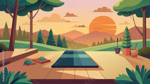 A backyard deck offers a panoramic view of the surrounding trees and greenery providing a serene setting for a challenging pilates workout as the sun. Vector illustration