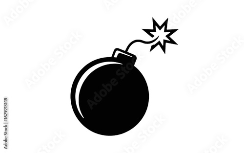 Black Bomb Icon with Lit Fuse on White Background explosion