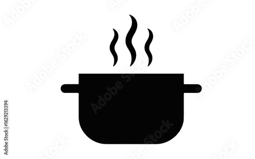 Black cooking pot icon with rising steam saucepan kitchenware