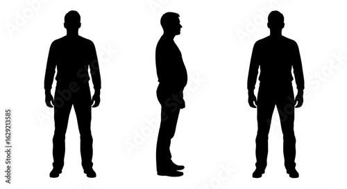 Man Silhouette Set: Front Profile and Back Views in Black.