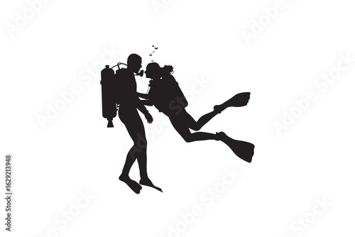 Two silhouetted scuba divers exploring the ocean depths together in a dynamic underwater pose illustrating adventure and partnership