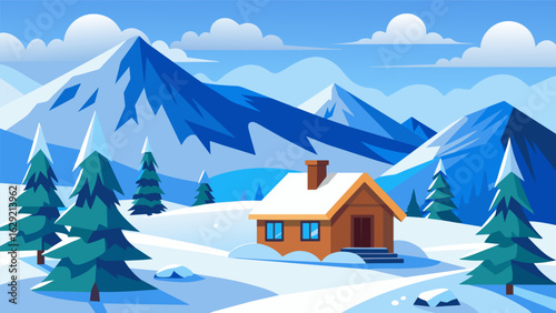 A cozy cabin nestled in the snowy mountains where you can do a snowshoeing workout while breathing in the crisp alpine air.. Vector illustration