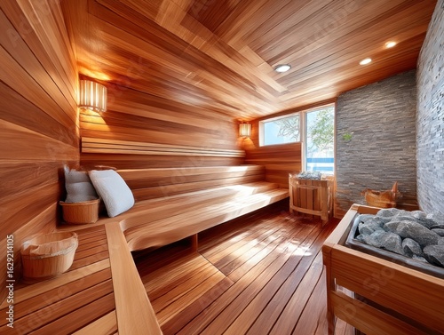 Luxurious wooden sauna with water view
