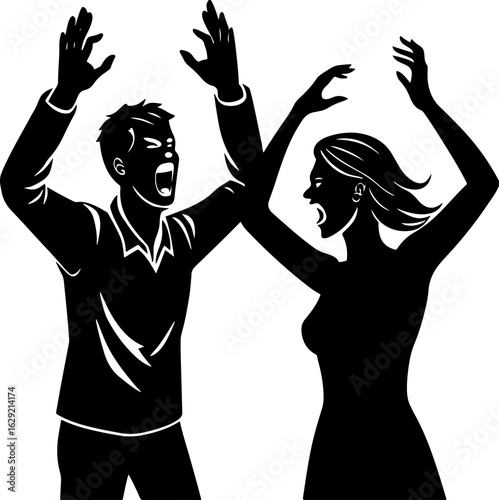 Illustration of couple arguing shouting with raised hands conflict disagreement