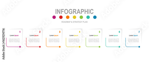 For business concept with 7 steps infographics, rectangle shape with multicolor label, design for workflow layout, diagram, annual report, web design. vector illustration
