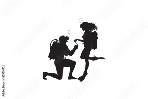 Silhouette of a male scuba diver proposing marriage to a female diver underwater with a ring symbolizing love and commitment in an aquatic adventure