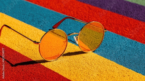 Round sunglasses with amber lenses rest on a vibrant multicolored surface