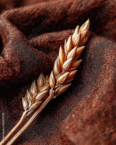 Dried wheat stalk on textured brown fabric
