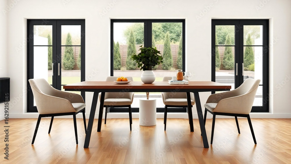 Fototapeta premium Modern dining room with wooden table and upholstered chairs and large windows
