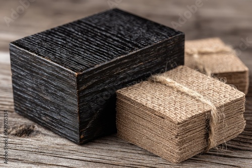 Dark wood box beside stack of small, burlap-wrapped squares on weathered wood