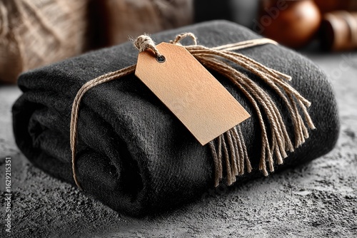 Rolled dark fabric gift, tied with twine and blank tag
