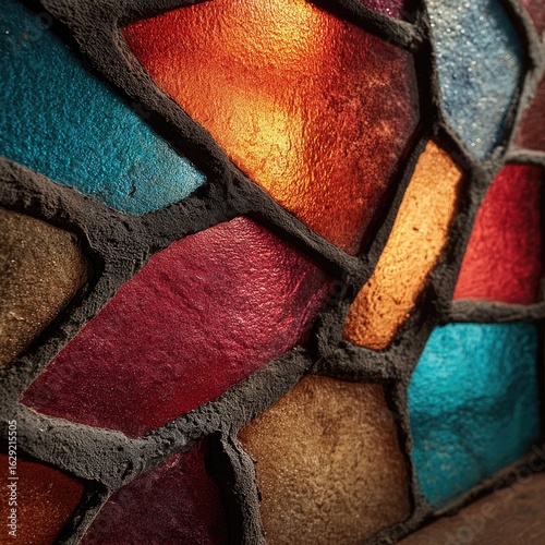 Close-up of an abstract mosaic with richly colored glass pieces and dark grout