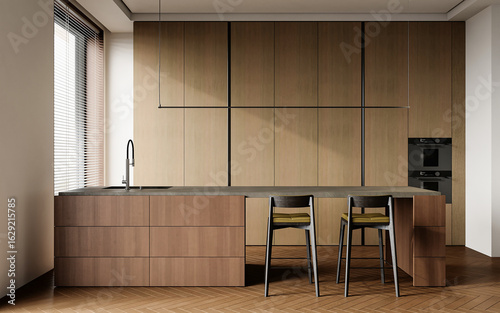 Cocina estilo americano con muebles maderados y desayunador, 3d render
