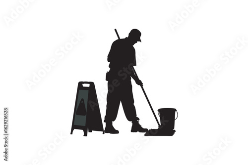 Silhouette of a cleaner diligently mopping the floor with a bucket and a wet floor caution sign nearby representing cleanliness and janitorial services