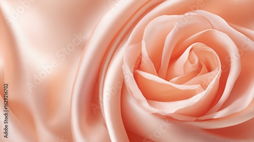 A close-up view of a peach rose nestled on smooth silk fabric, highlighting the flower's intricate petals and the fabric's gentle sheen. This composition evokes a sense of romance.