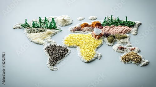 Global food map spices, grains, studio shot, white background, food industry