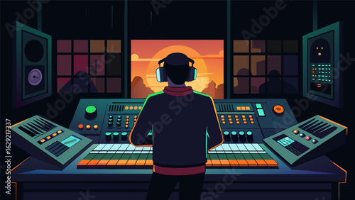 A large mixing board glows in the darkness of a recording studio as a producer works on perfecting the sound of a track. Vector illustration