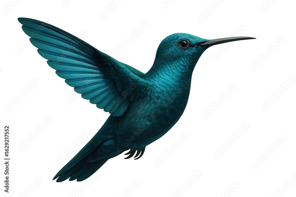 Obraz premium Cyan-feathered hummingbird hovering, wings extended, transparent background enabling seamless digital integration