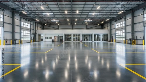 Wide View of Spacious Industrial Warehouse Interior with Polished Concrete Floor