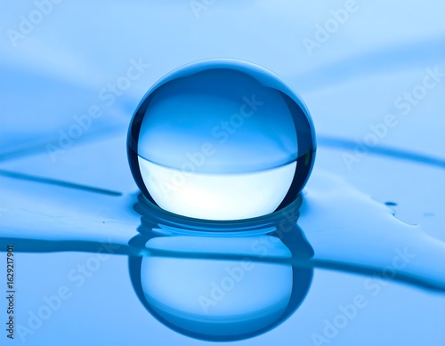 Wallpaper Mural A transparent sphere rests on a smooth, reflective blue surface, creating a subtle reflection Torontodigital.ca