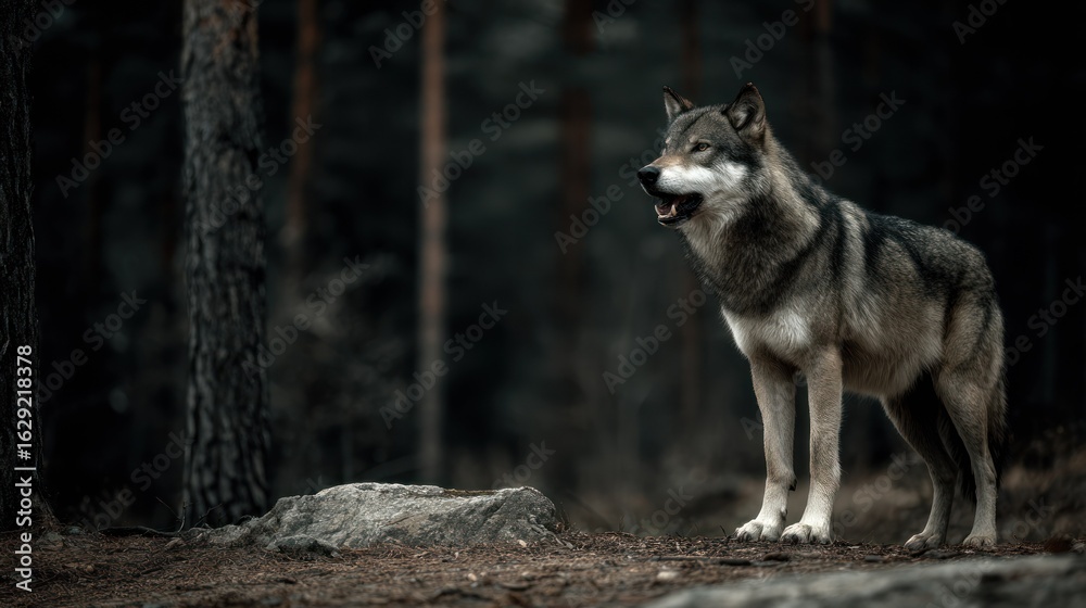 Fototapeta premium Gray wolf in a dark forest