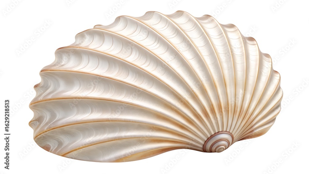 Obraz premium Beautiful white scallop seashell with detailed ribbed texture on white background