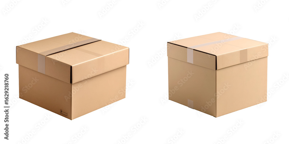 Two isolated brown cardboard shipping boxes for delivery and logistics concept on a clean white background retail e commerce transportation and moving services packaging supplies distribution business Two isolated brown cardboard shipping boxes for delivery and logistics concept on a clean white background retail e commerce transportation and moving services packaging supplies distribution business