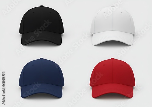 Blank baseball cap mockup set featuring four different colors. Isolated front view of black, white, navy, and red hats for apparel design.