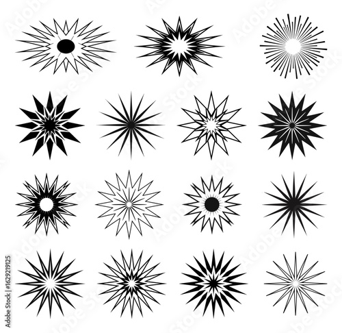 Wallpaper Mural Set of 16 Black and White Geometric Sunburst Icons – Radial Line Art Elements for Decorative Design Torontodigital.ca