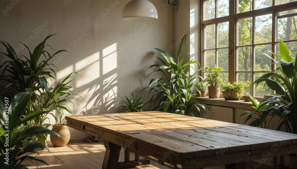 Rustic eco-style interior with empty wooden table and daylight
Rustic eco-style interior with empty wooden table and daylight