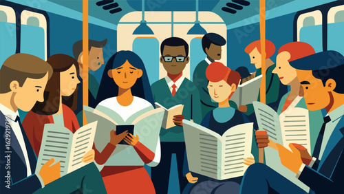 A crowded subway train where commuters read sensational headlines over the shoulders of their fellow passengers and ingest tidbits of Sensationalist.