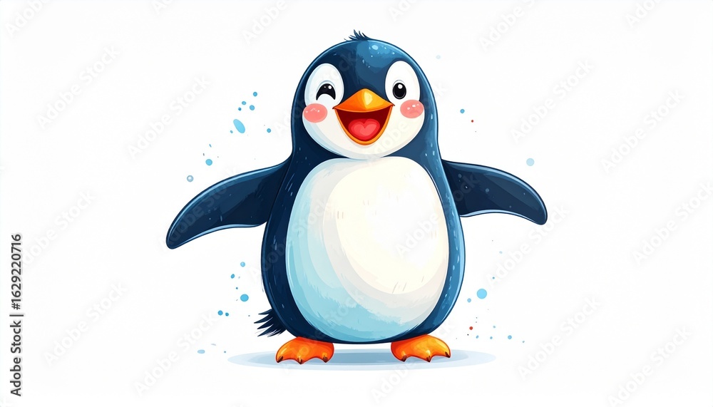 Fototapeta premium Adorable cartoon penguin character with a happy smile and open wings. Cheerful arctic bird illustration.