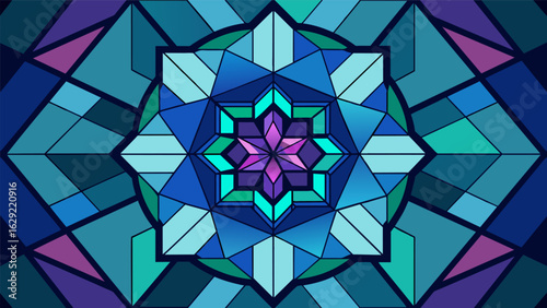 A cooltoned mosaic of abstract shapes reminiscent of a stained glass window capturing the multifaceted layers of relief and emotional release.