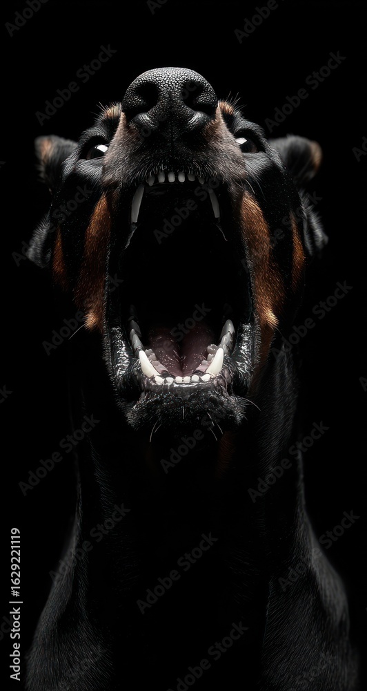 Obraz premium Intense Close-Up of a Doberman's Aggressive Snarl with Bared Teeth and Gleaming Eyes