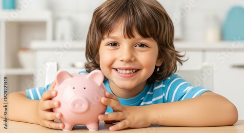 Caucasian child smiling with pink piggy bank financial education savings