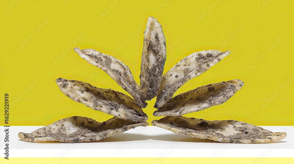 Fototapeta premium Black sesame crisps fanned, studio shot, yellow background, food photography