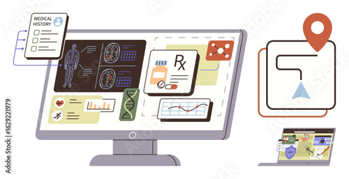Computer screen displaying patient medical records, scans, prescriptions, and health data analysis, alongside navigational technology. Ideal for telemedicine, technology, innovation, healthcare data