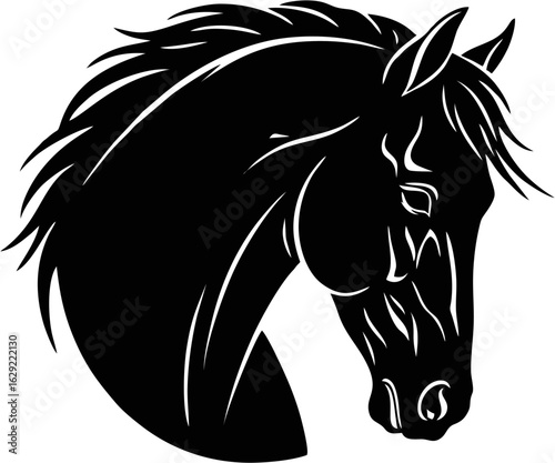 A powerful black horse head silhouette vector graphic. This majestic equine animal illustration is ideal for a logo or equestrian design.