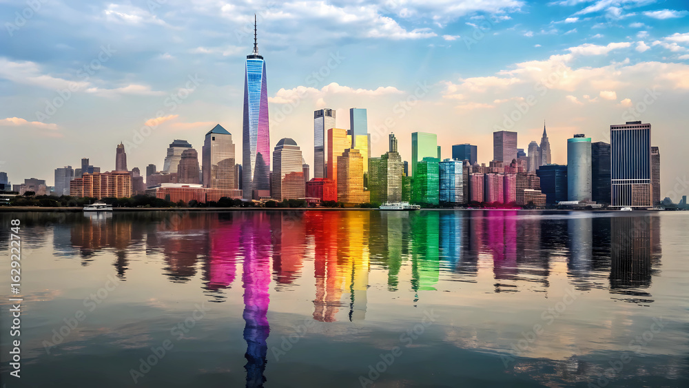 Fototapeta premium New york city skyline view from water reflecting colorful buildings and skyscrapers in the city