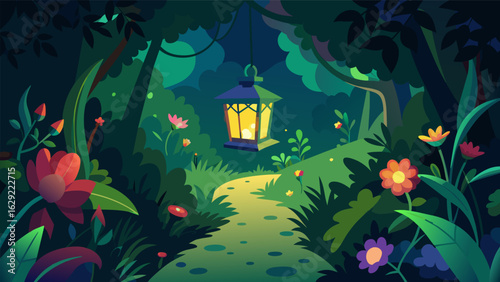 A glowing lantern illuminates the way to a hidden garden where overgrown vines and colorful wildflowers create a whimsical and enchanting hideaway..