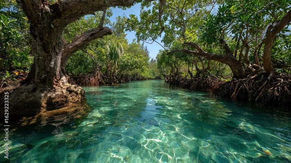 Naklejka premium Blue carbon projects focus on conserving and restoring coastal ecosystems like mangroves and seagrasses to capture and store atmospheric carbon.