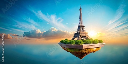 An extraordinary miniature travel destination featuring a surreal floating island with a replica Eiffel Tower reaching towards a vibrant sky at sunset