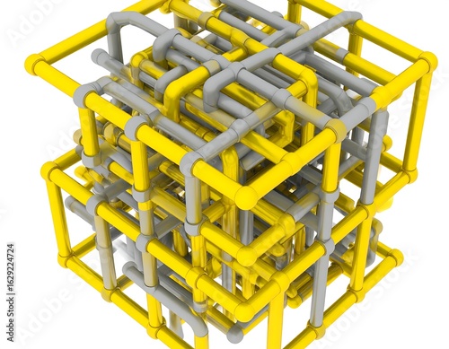 Intricate cube structure formed by interwoven yellow and gray pipes