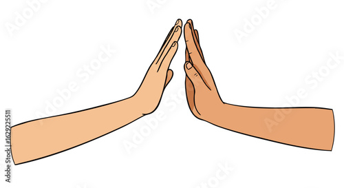 Cartoon illustration of two hands with different skin tones in a highfive gesture palms facing each other.