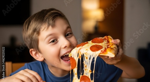 Young boy joyfully devours a cheesy, pepperoni pizza slice with extreme cheese pull