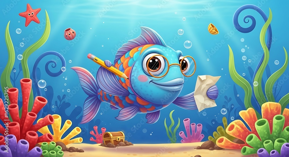 Obraz premium Studious Cartoon Fish with Glasses and Pencil in a Vibrant Underwater World