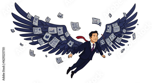 Illustrated businessman flying with large wings made of financial documents and charts.
