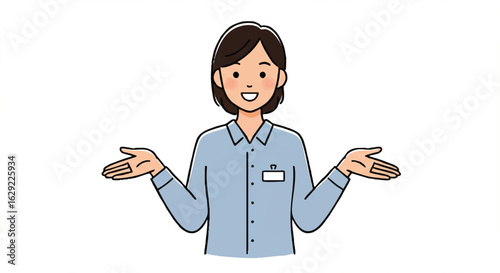 Smiling woman in a blue uniform with short brown hair and an openhanded welcoming gesture.