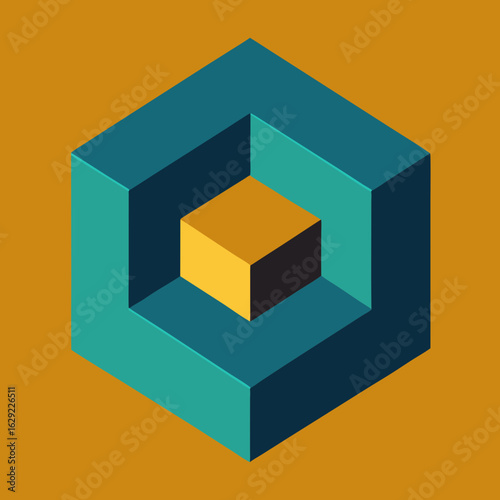 Geometric illusion of nested cubes in teal and yellow