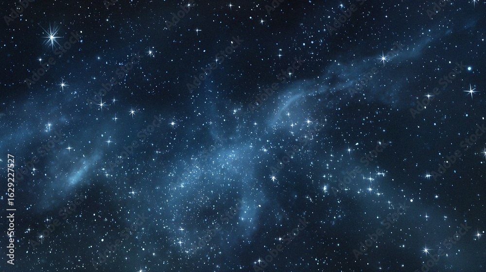 Fototapeta premium Starry sky background, blue night sky full of stars, glowing stars in the dark space, starry background, dark night, stars in the distance, starlight, dark background with a blue glow, night sky. 